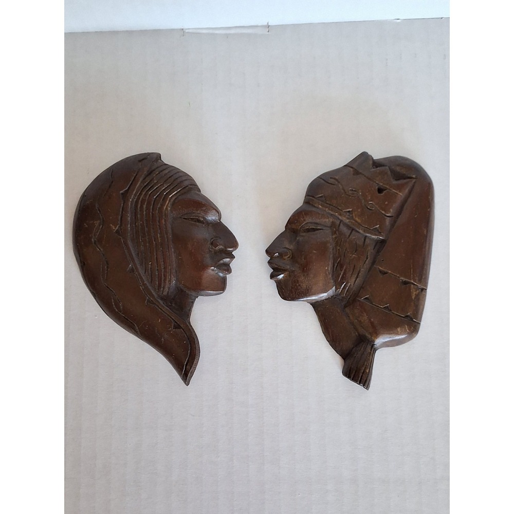 Vintage Hand-Carved‎ Wood Wall Plaques Native South American Figures. Set of 2